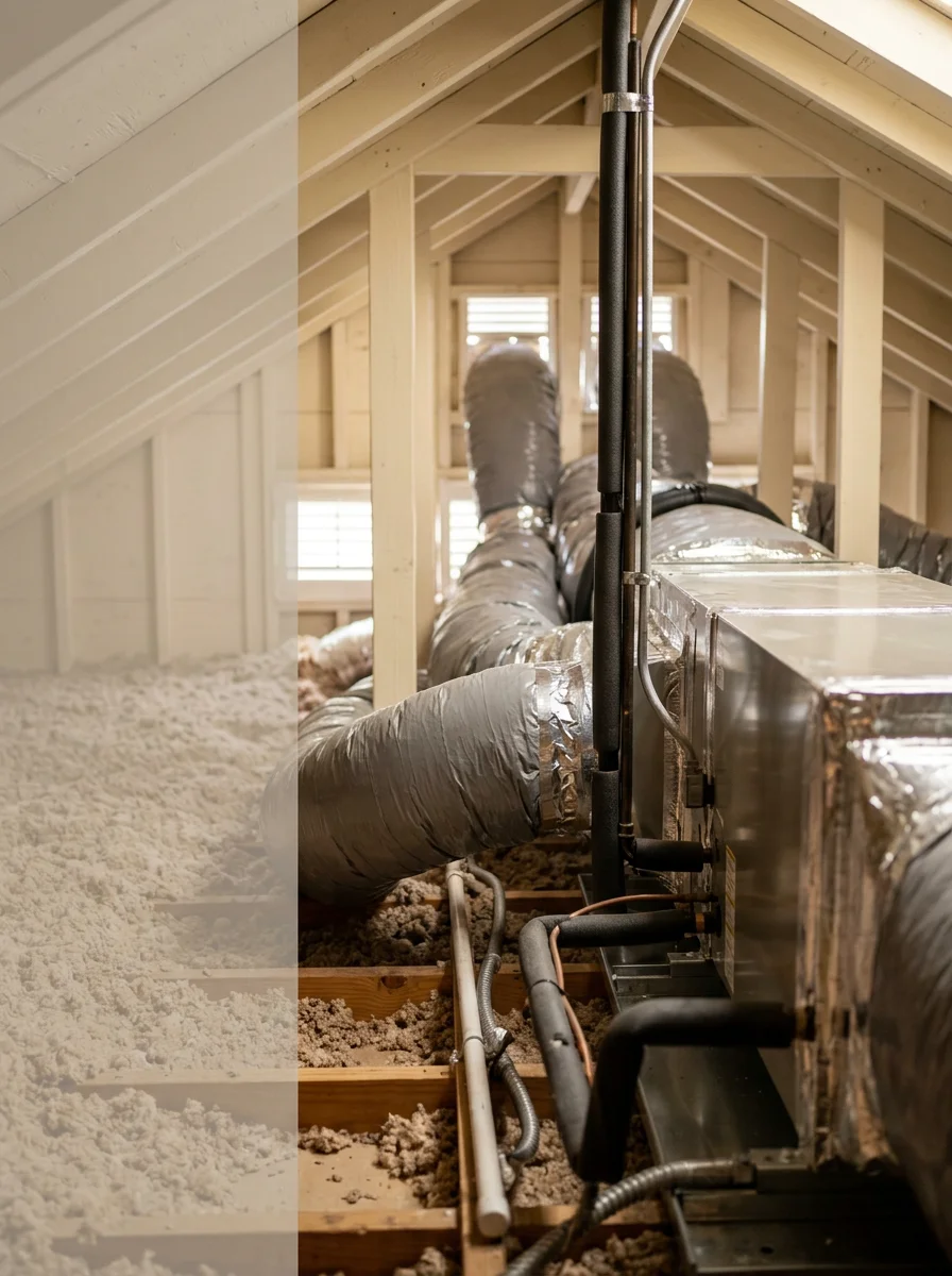 Interior view of a zoned air handler system installed in a new Bellaire, Texas home with multiple duct runs visible.