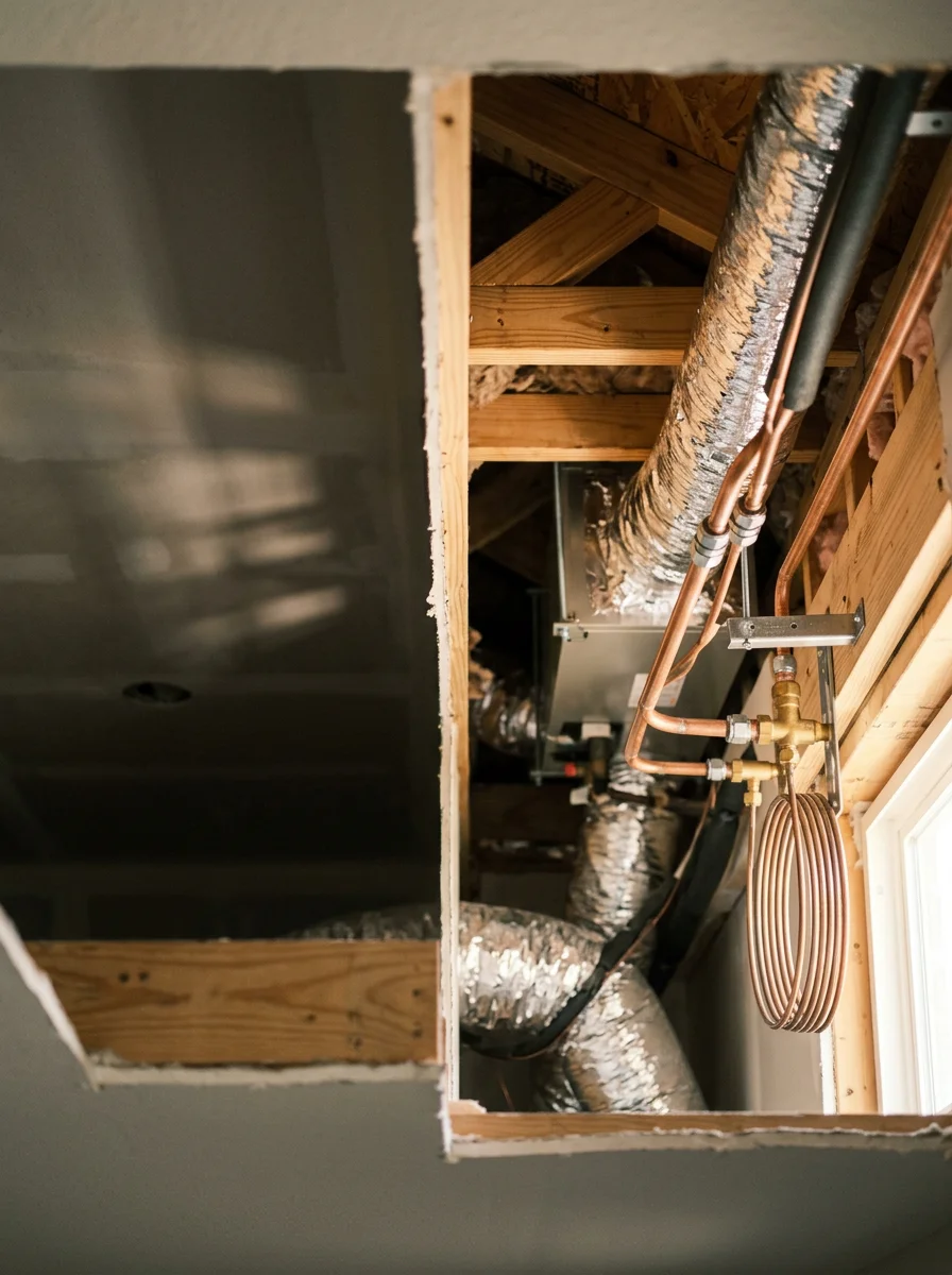 New AC system installation in progress inside a Cypress, Texas home with ductwork visible in an open ceiling during construction.