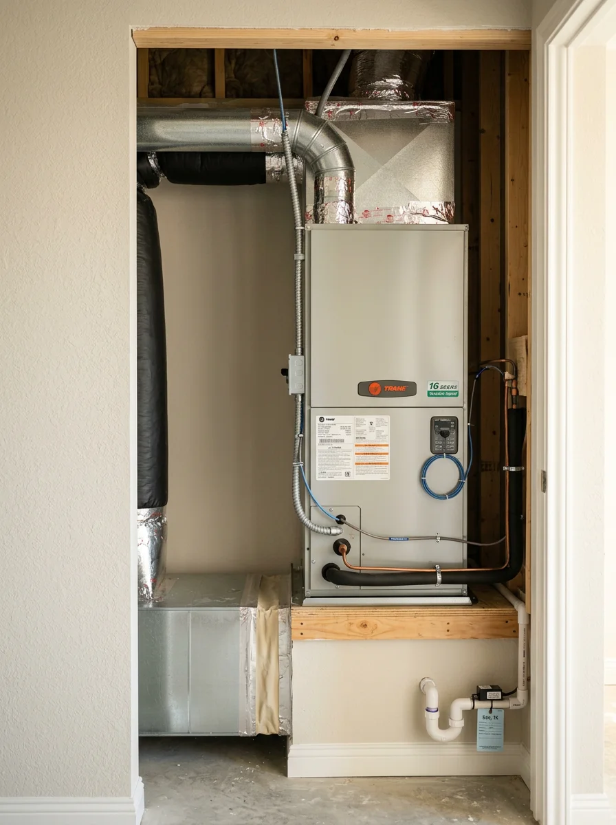 Air handler unit installed in a utility closet inside a newer Katy, Texas home with visible ductwork connections.