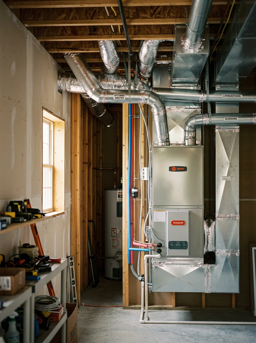 Zoned air handler system installed in the utility room of a large two-story custom estate in Memorial, Houston, with multiple duct branches visible.