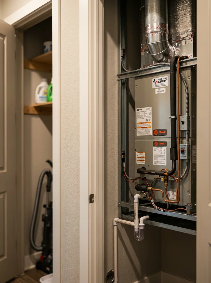 Interior air handler unit installed in a compact utility space inside a modern Montrose, Houston townhome.