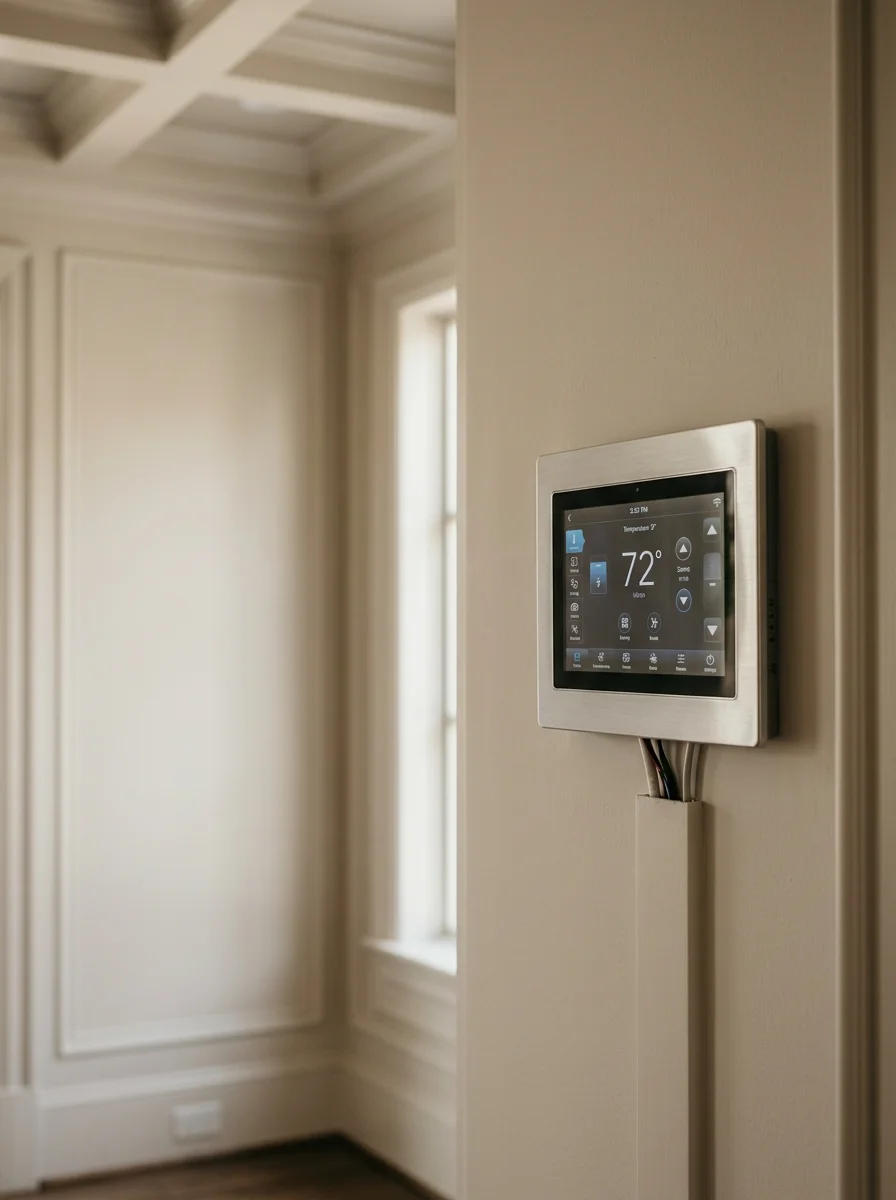 Zoned HVAC control panel installed inside a large River Oaks, Houston luxury home with high ceilings visible in the background.