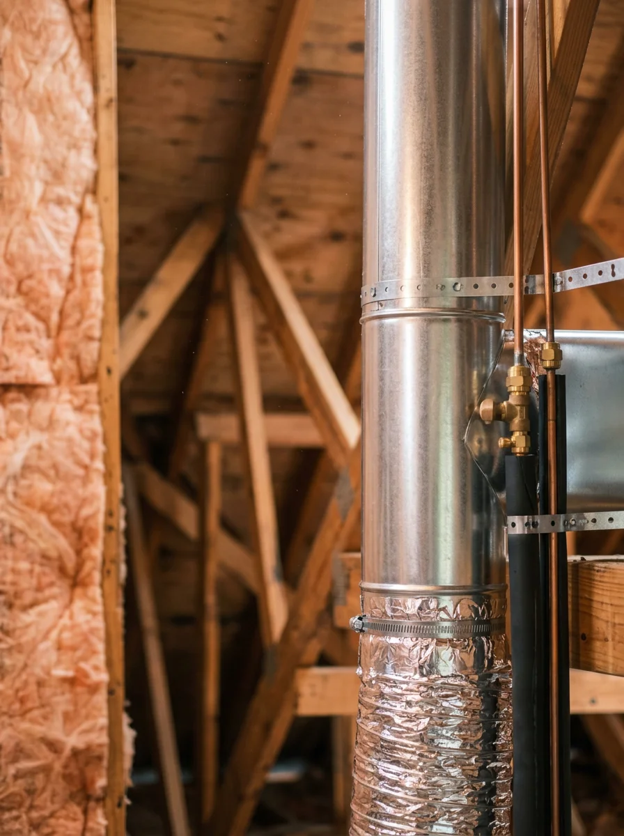 New AC system installation in progress in the attic of a Spring, Texas home with fresh ductwork connections being made.
