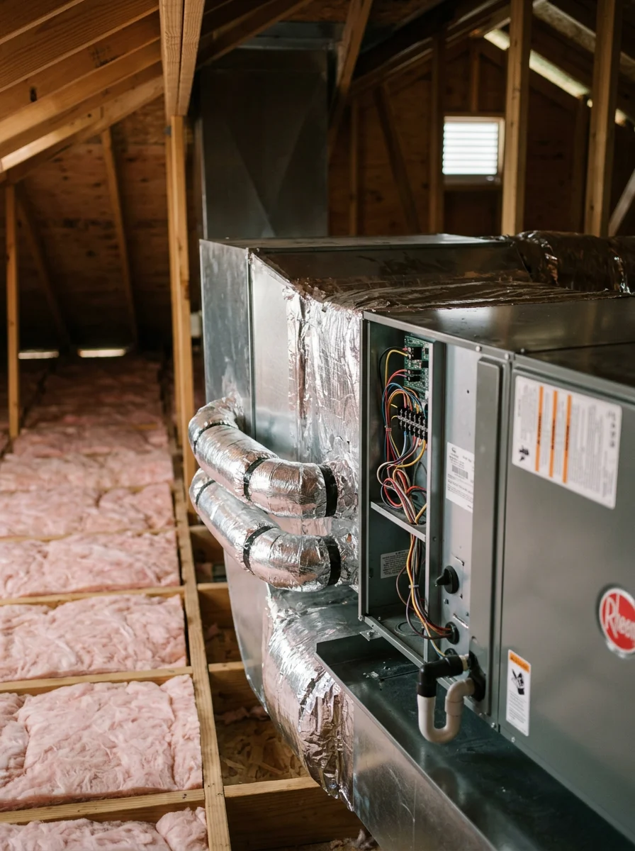 Close-up of an air handler unit installed in the attic of a large two-story home in The Woodlands, Texas.