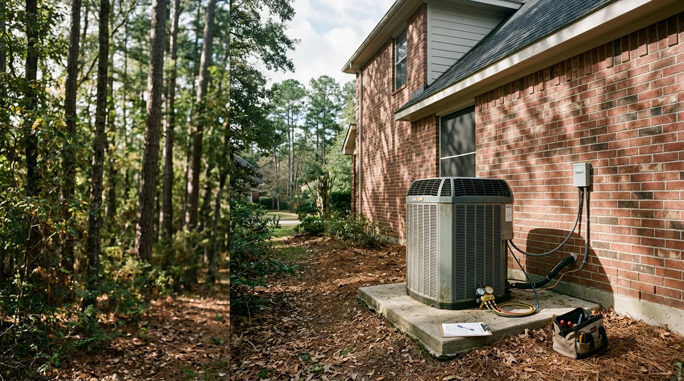 HVAC technician inspecting an outdoor condenser unit beside a two-story brick home in a wooded Woodlands, TX subdivision.