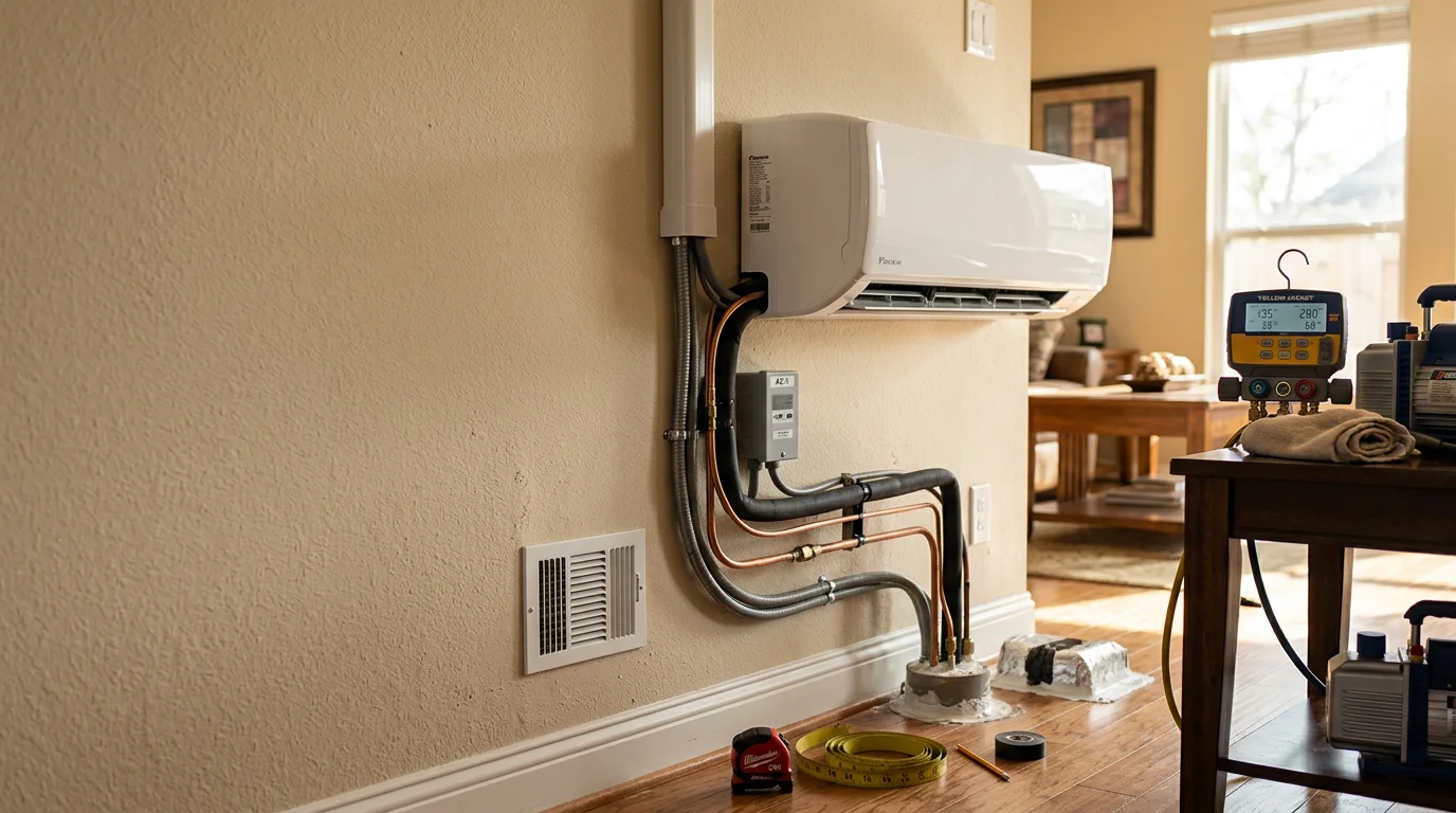 A newly installed outdoor air conditioning condenser unit positioned beside a residential home in The Woodlands, Texas, with a technician completing final system checks in a landscaped backyard setting.