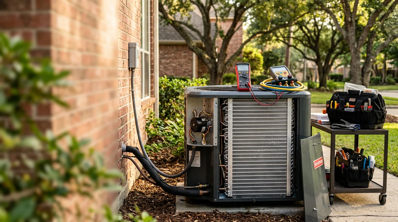 A Texas Prime Comfort technician inspecting and cleaning the indoor air handler unit of a residential air conditioning system in The Woodlands, TX. The technician checks the evaporator coil and drain pan during a routine maintenance visit.