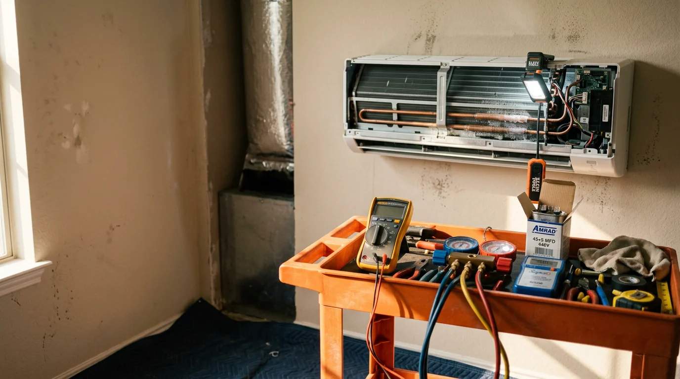 A Texas Prime Comfort technician inspecting an outdoor AC condenser unit at a residential home in The Woodlands, Texas. The technician checks internal components on a clear summer day with a tree-lined suburban street visible in the background.