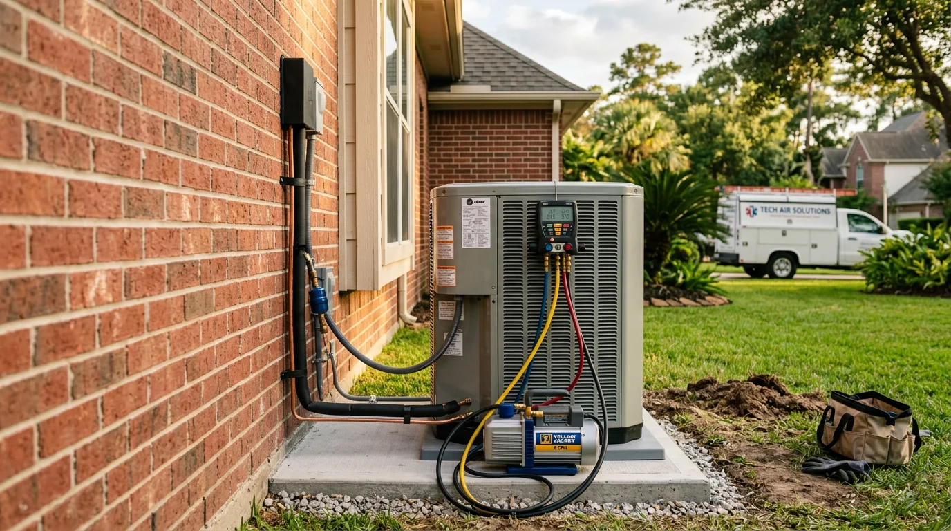 A new residential air conditioning condenser unit installed outside a home in The Woodlands, Texas, with a technician from Texas Prime Comfort completing the outdoor connection work. The unit sits on a concrete pad beside a wood fence in a typical suburban backyard setting.