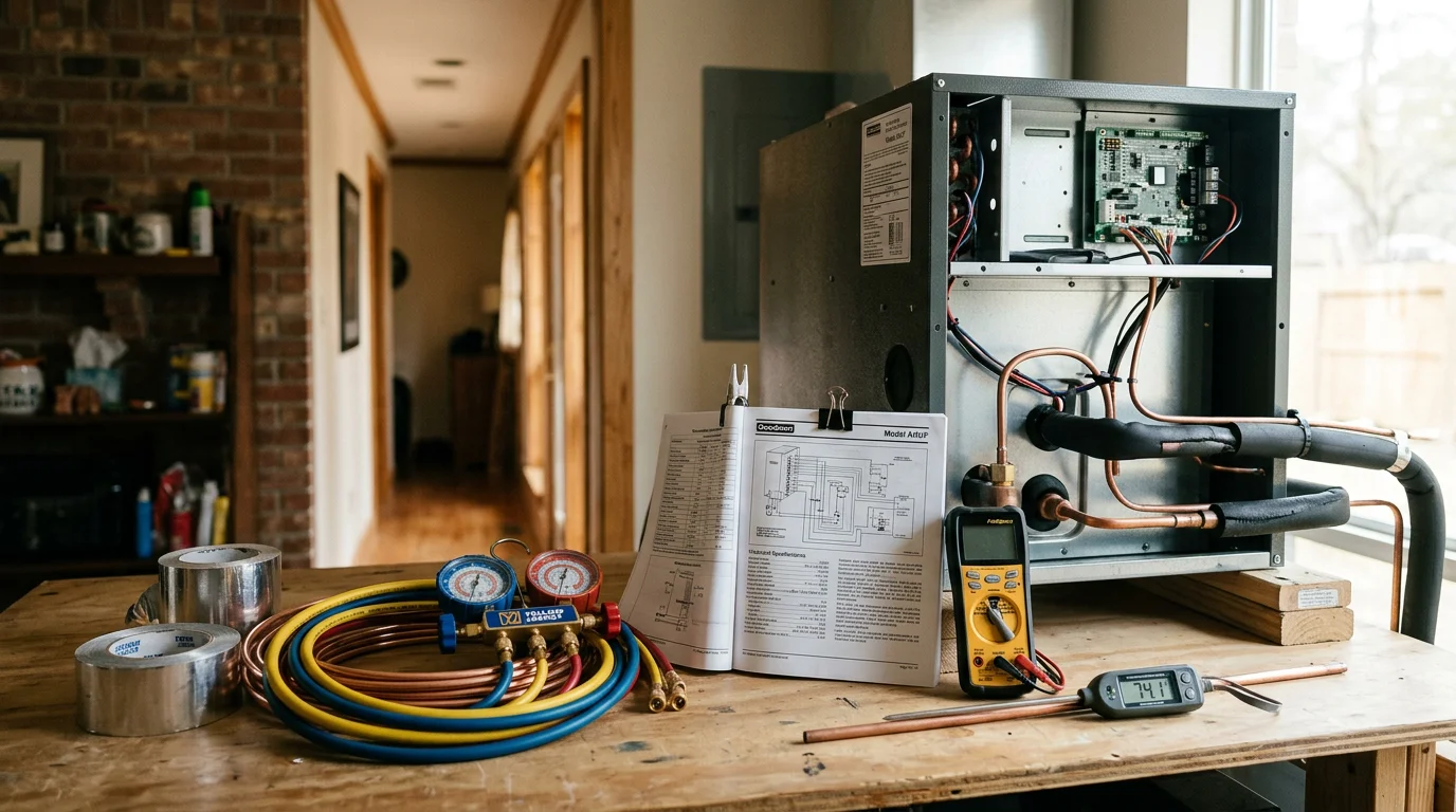 A new residential central air conditioning outdoor unit installed beside a home in The Woodlands, Texas, surrounded by the area's characteristic lush greenery. A Texas Prime Comfort technician reviews system specifications with a homeowner during the sales consultation.