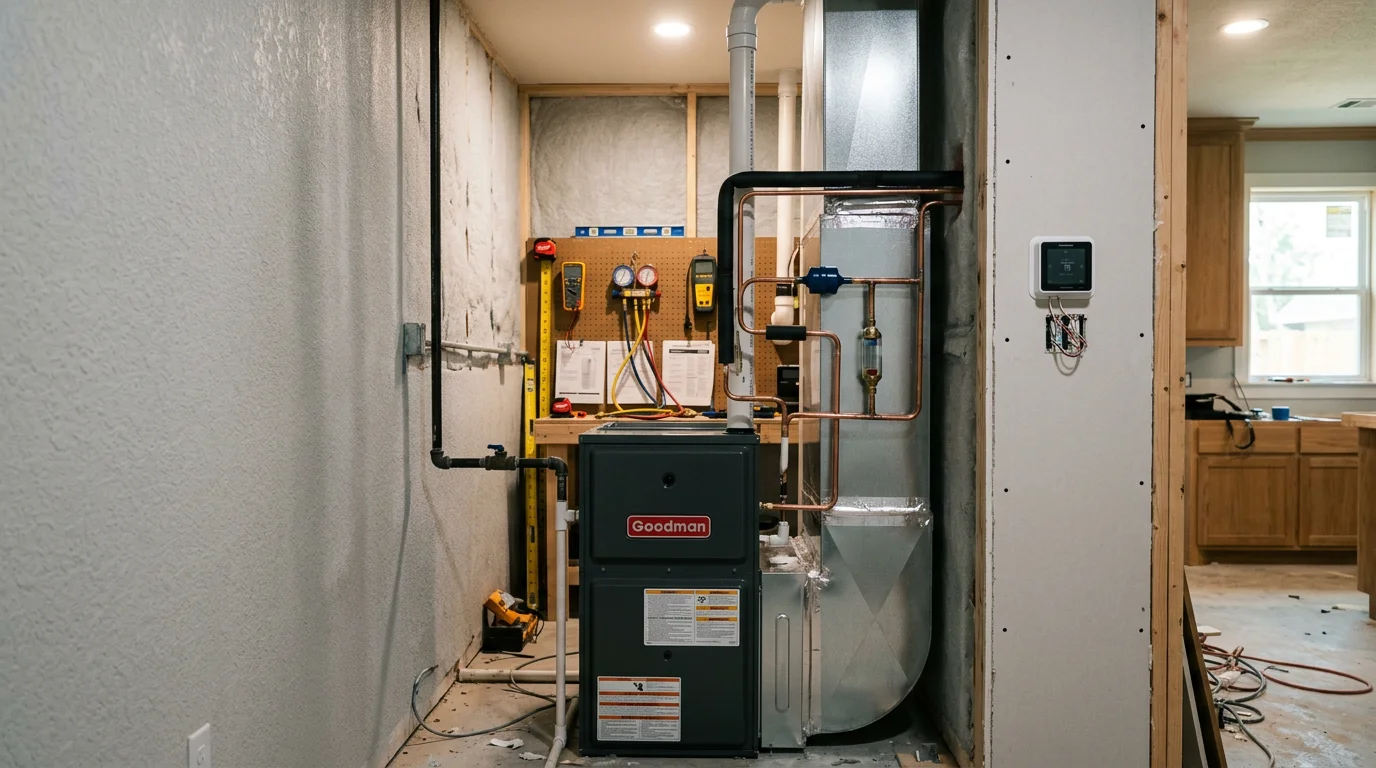 A newly installed heating unit inside a residential home in The Woodlands, TX, with clean ductwork connections and a finished equipment setup in a utility room.