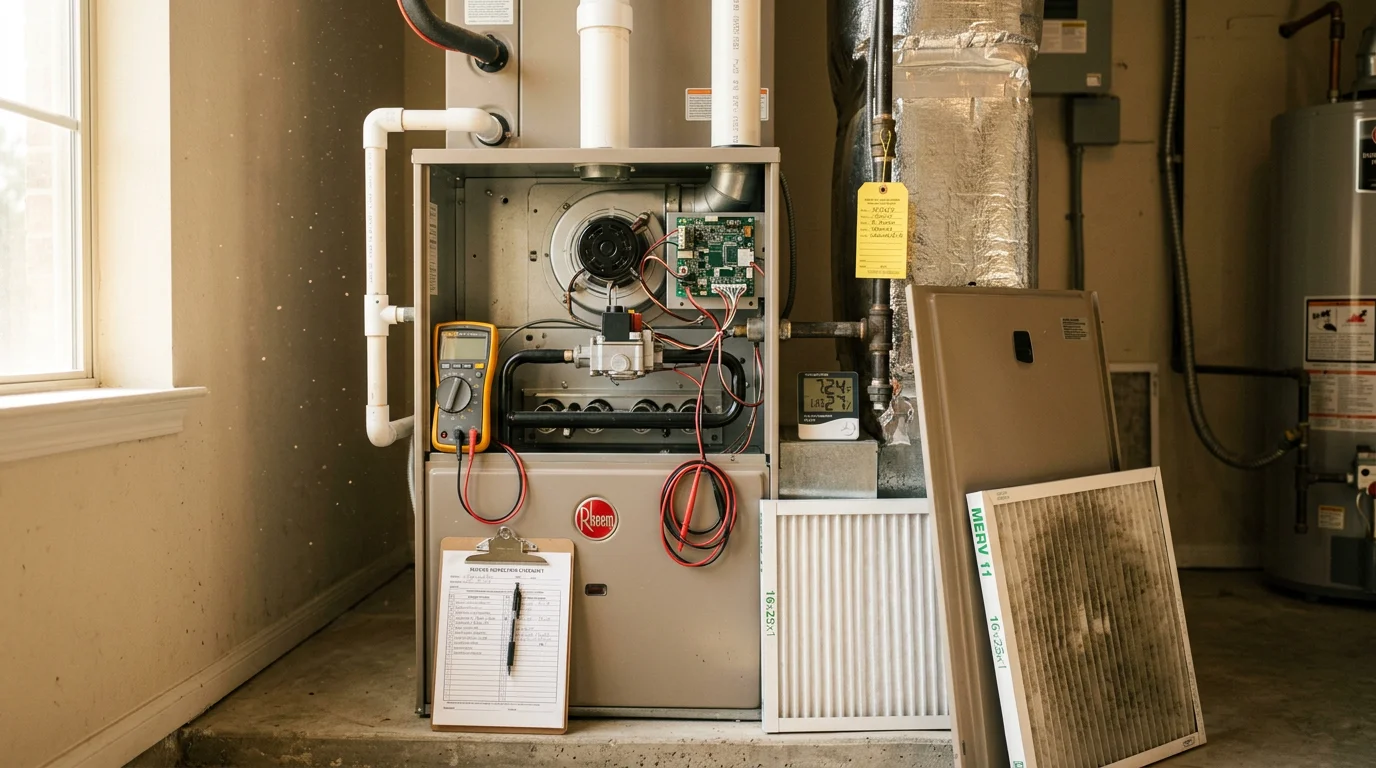 A Texas Prime Comfort technician inspecting and servicing a residential heating system inside a home in The Woodlands, TX. The technician checks internal components during a fall heating maintenance visit.