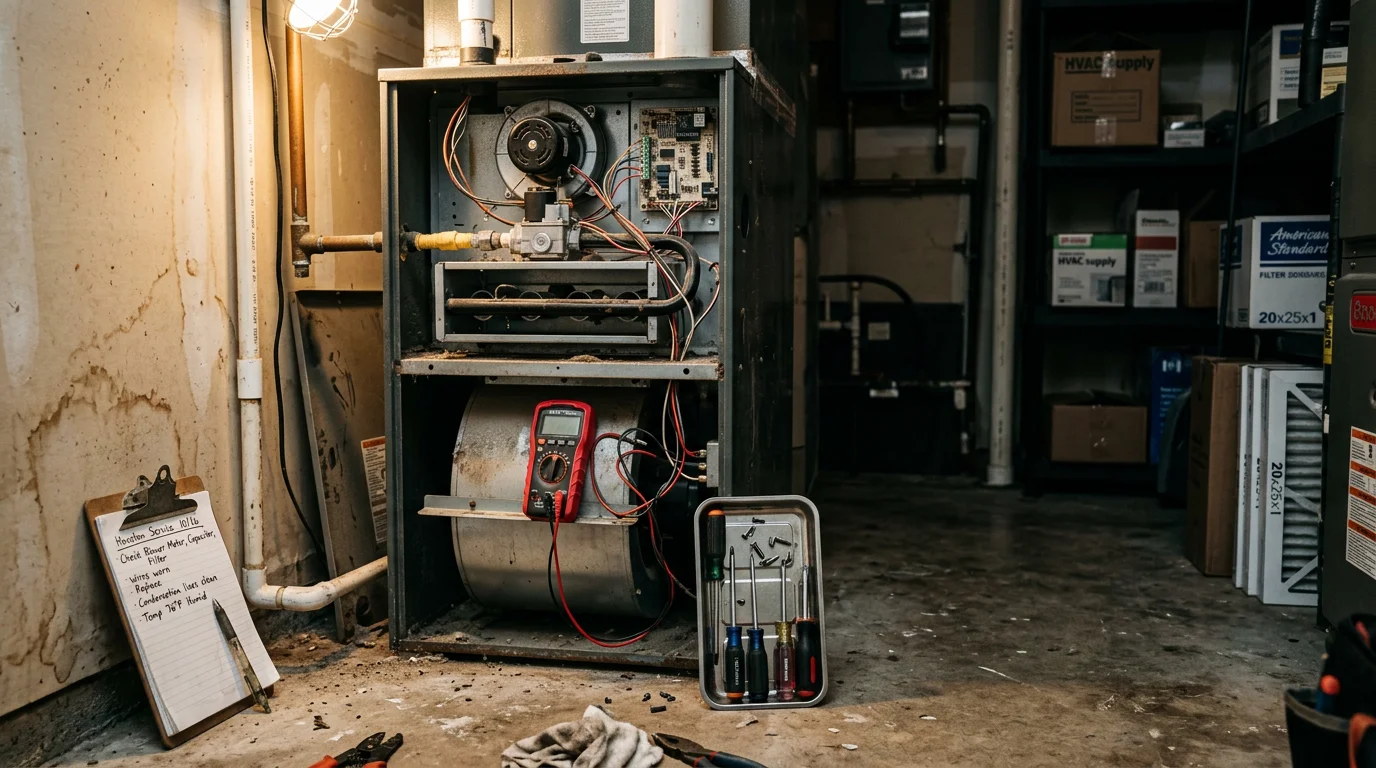 A heating technician inspecting an indoor furnace unit inside a residential home in The Woodlands, Texas. The technician examines internal components during a heating repair service call.