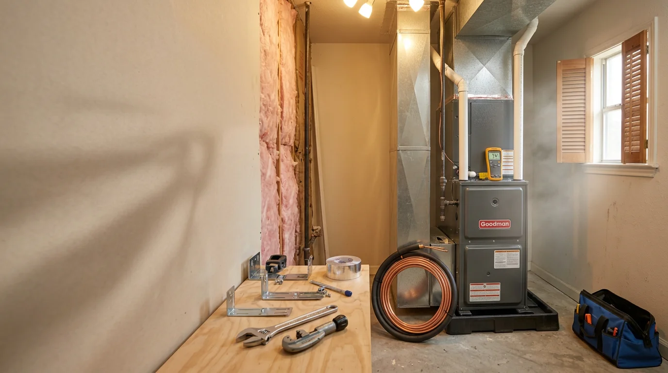 A heating technician from Texas Prime Comfort completing a heating system replacement inside a residential home in The Woodlands, Texas. The new unit is fully installed in a utility area with clean ductwork connections visible.
