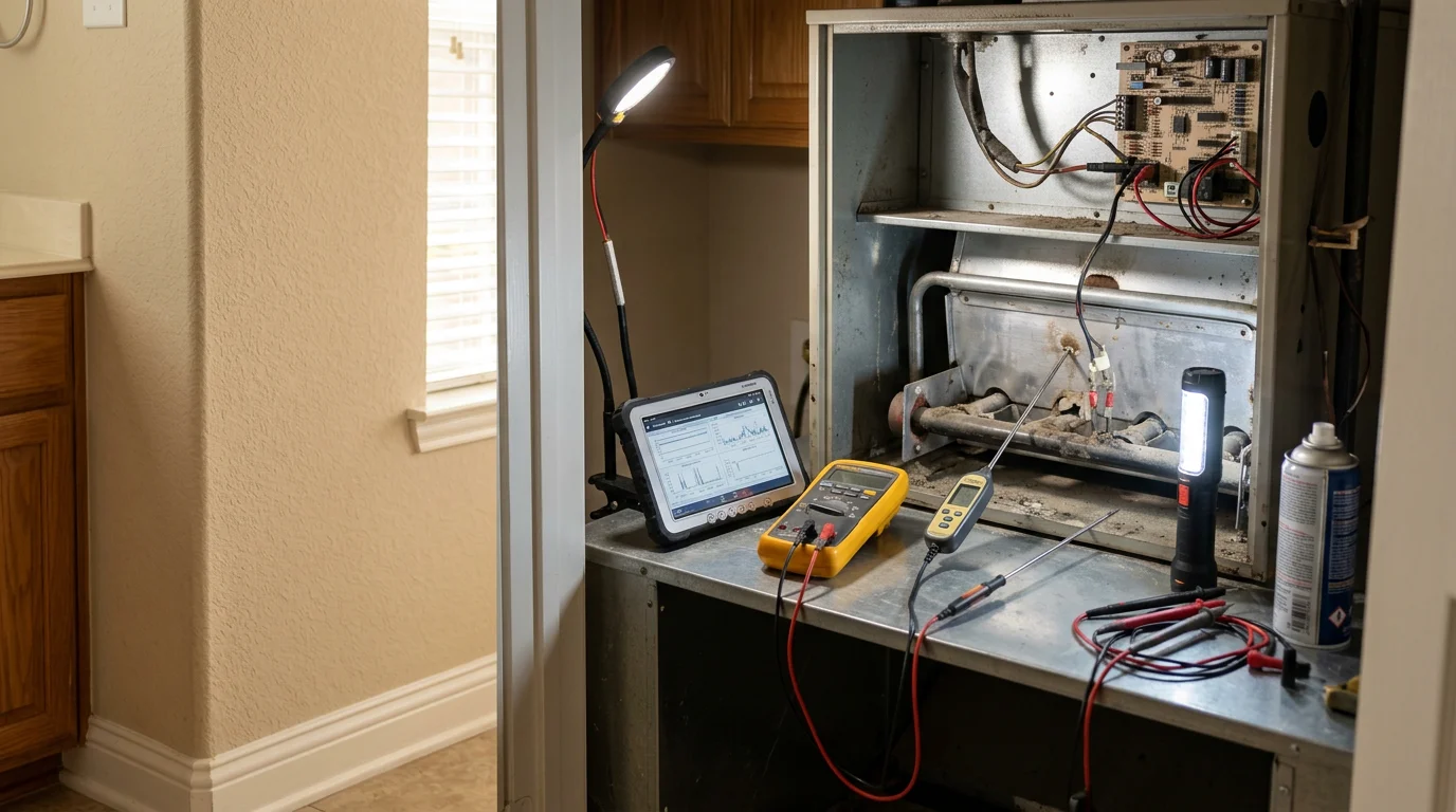 A heating technician inspecting the internal components of a residential furnace during a heating system diagnostic visit in The Woodlands, Texas. The technician examines the blower motor and heat exchanger in a home utility room.