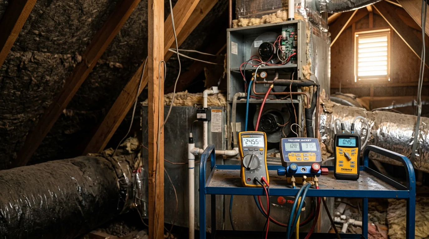 An HVAC technician inspecting an air handler unit in a residential attic in The Woodlands, Texas, checking system components during a diagnostic service call.
