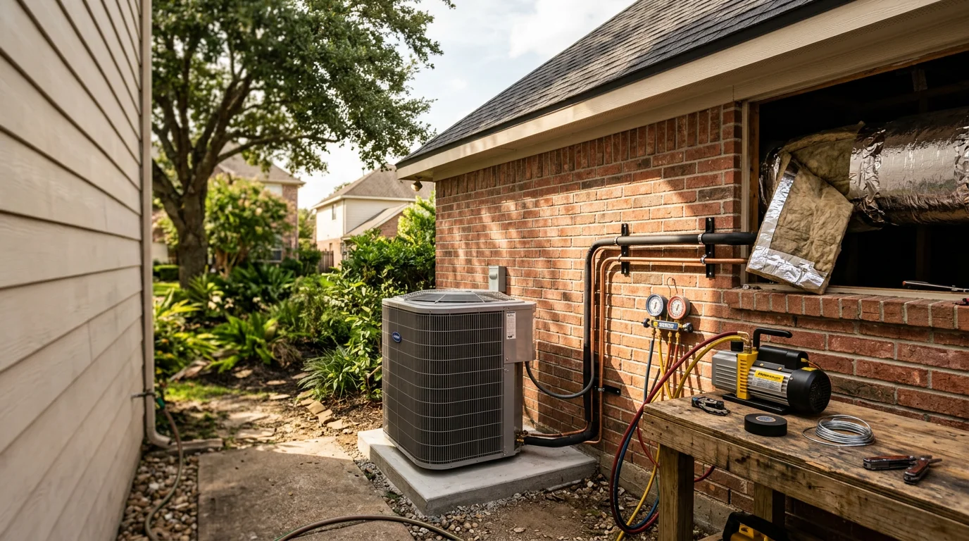 A Texas Prime Comfort technician completing an HVAC system installation at a residential home in The Woodlands, Texas, with an outdoor condenser unit positioned beside the house. The setup reflects a full cooling and heating system install suited for the area's hot, humid climate.