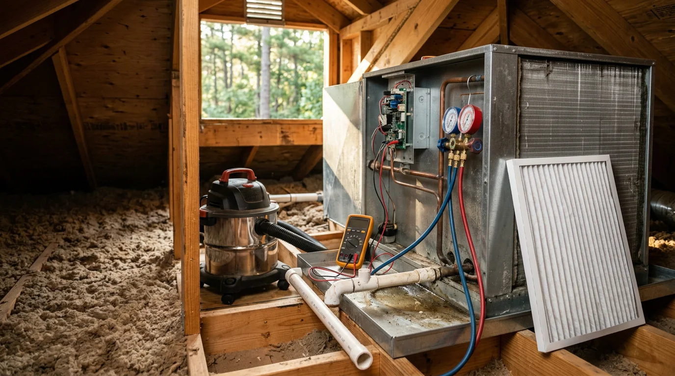 A Texas Prime Comfort technician inspecting an outdoor HVAC condenser unit at a residential home in The Woodlands, Texas. The technician checks coil condition and electrical connections during a routine maintenance visit.