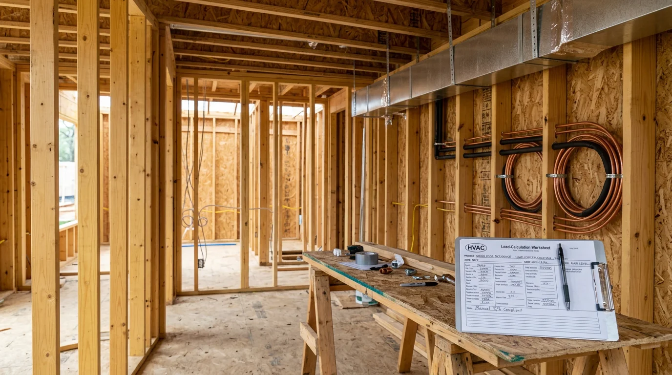 A new construction home in The Woodlands, Texas with exposed ductwork and HVAC equipment being installed during the rough-in phase before drywall. An HVAC technician from Texas Prime Comfort positions duct runs inside an open framed wall of a partially built home.